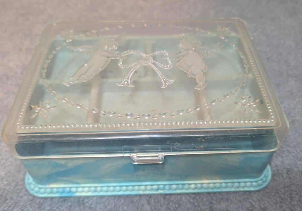 HOMER LAUGHLIN Jewelry Box Blue Plastic Trinket Organizer Cherub Lid USA VTG
